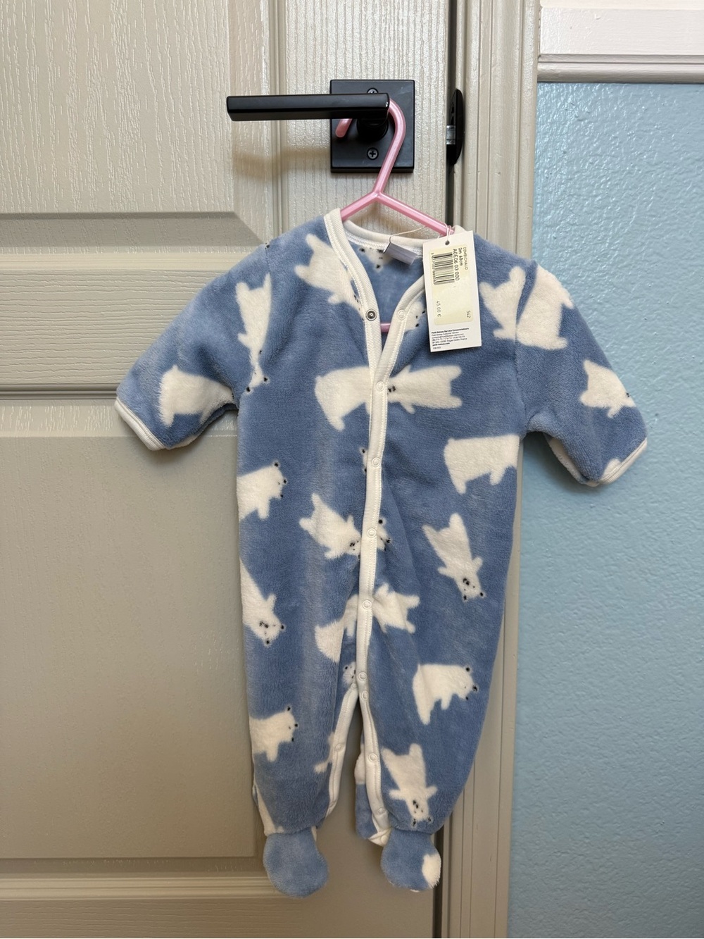 Petit Bateau Blue Fleece Footed One-Piece with White Polar Bear Print